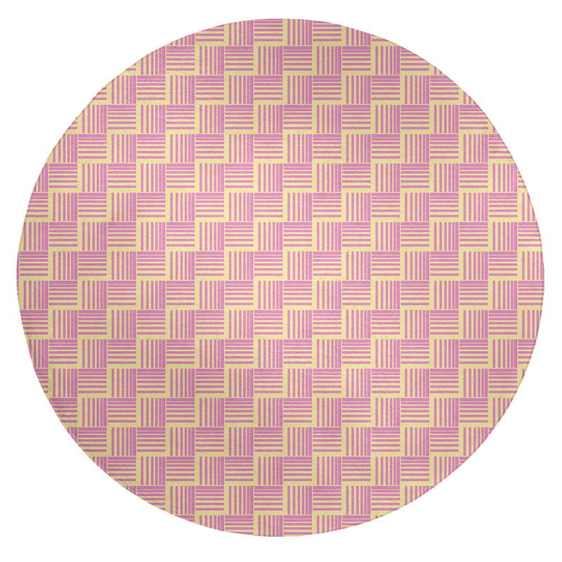 Tapis rose/jaune rayures basketweave, Rond 5 pi