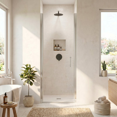 Porte de douche pivotante en aluminium 32 "à 34" x H 72 "semi-sans cadre, verre trempé de 6 mm, installation réversible, facile à installer