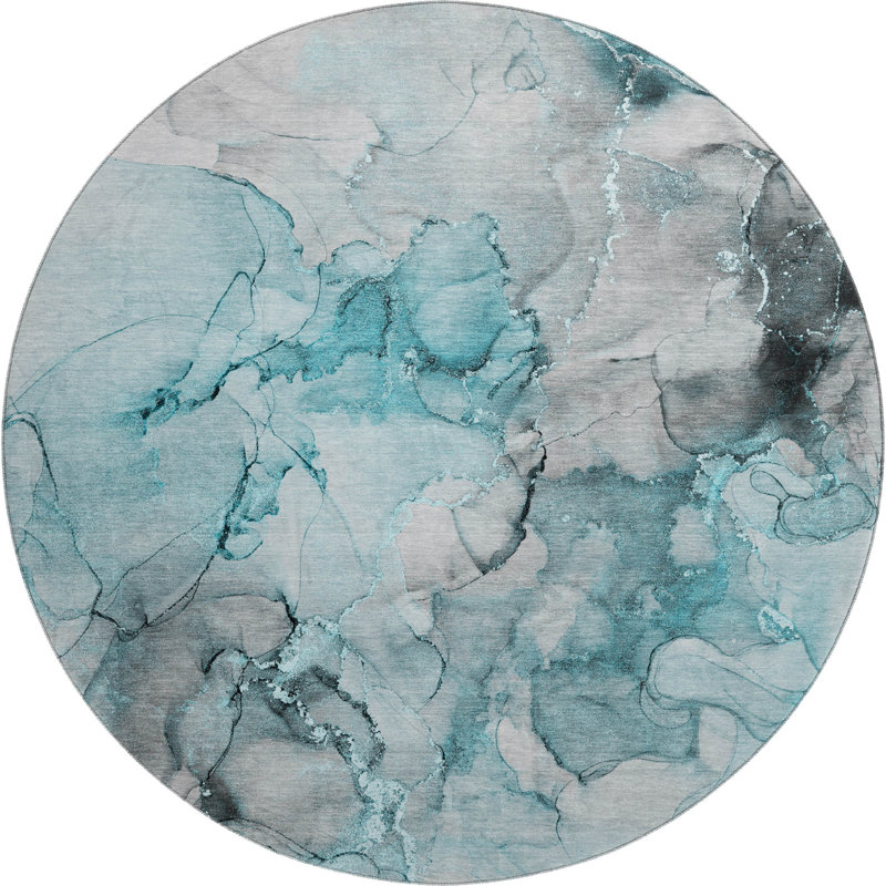 Premium Machine Washable Cerrito AMF520 Teal Rug, Round 8'