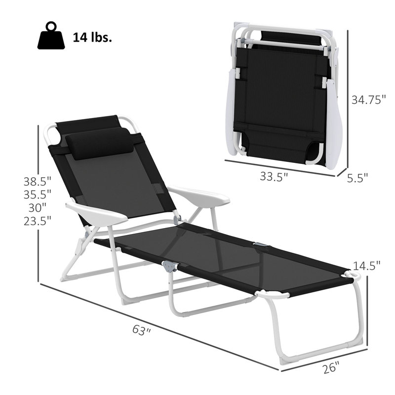 Chaise de bronzage d'extérieur, chaise longue pliante, Noir