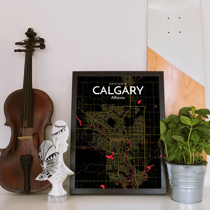 Calgary City Map - Unframed Graphic Art Print on Paper, 50.8cm H x 40.6cm W x 0.13cm D, Red/Yellow