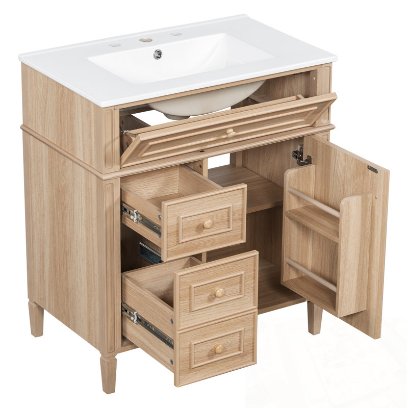 Meuble-lavabo de salle de bain avec lavabo, tiroir rabattable, 2 tiroirs à fermeture en douceur et 1 porte à fermeture en douceur