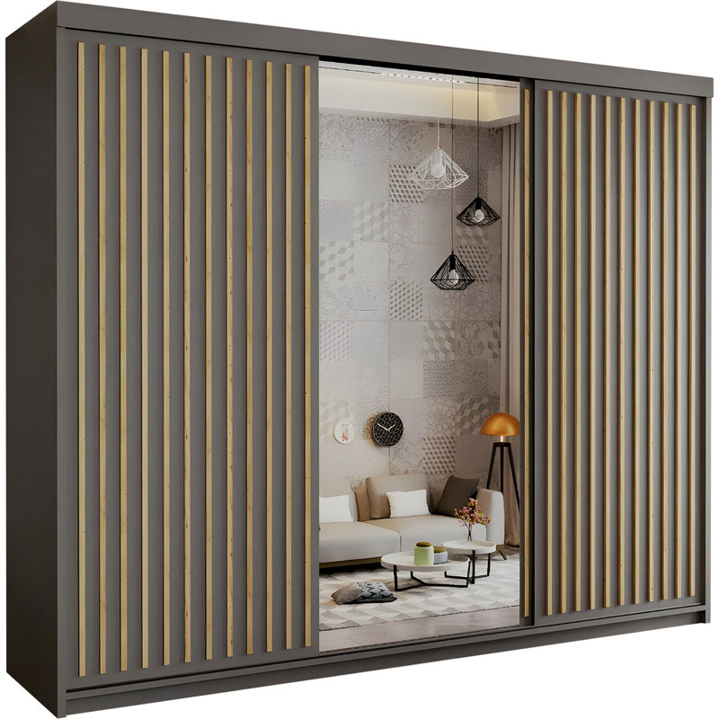 Sliding Wardrobe with Mirror Modern Bedroom 4 Colours 3 Sizes, Grey, 217cm H x 250cm W x 62cm D