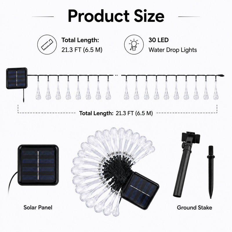 Guirlande de fée à énergie solaire 21,3 pi avec 8 modes 30 lumières à DEL Aman, Blanc