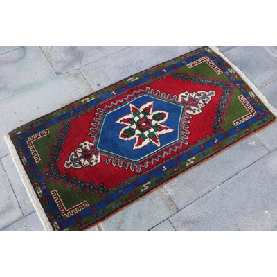Vintage Green Anatolian Turkish Small Oushak Wool Rug with Fringe for Bathroom