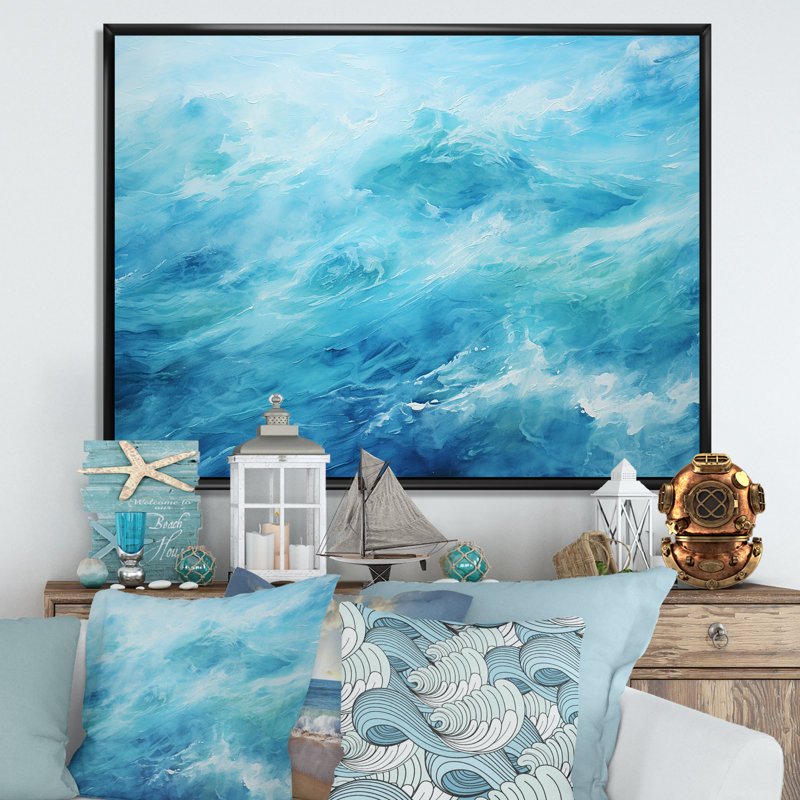 Azur bleu lagon horizon I - reproduction sur toile, Cadre flottant noir, H 30 po x l 40 po
