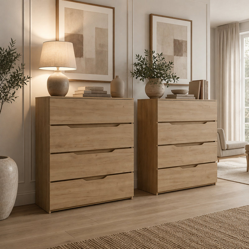 Commodes à 4 tiroirs en chêne naturel, ensemble de 2