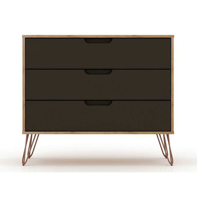 Commode grise 35 po Rockefeller (3 tiroirs), Brun foncé / naturel
