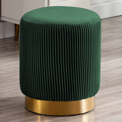 Ceilia 15.5" Wide Pleated Velvet Round Ottoman with Gold Base for Bedroom or Vanity