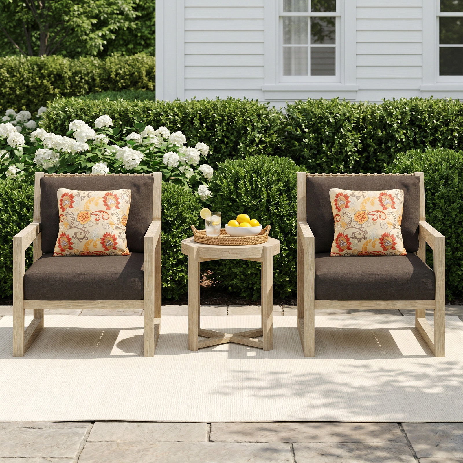 Caigan 2-Person Sunbrella® Patio Seating Group, Antique White Frame/Dark Brown Sunbrella Cushion
