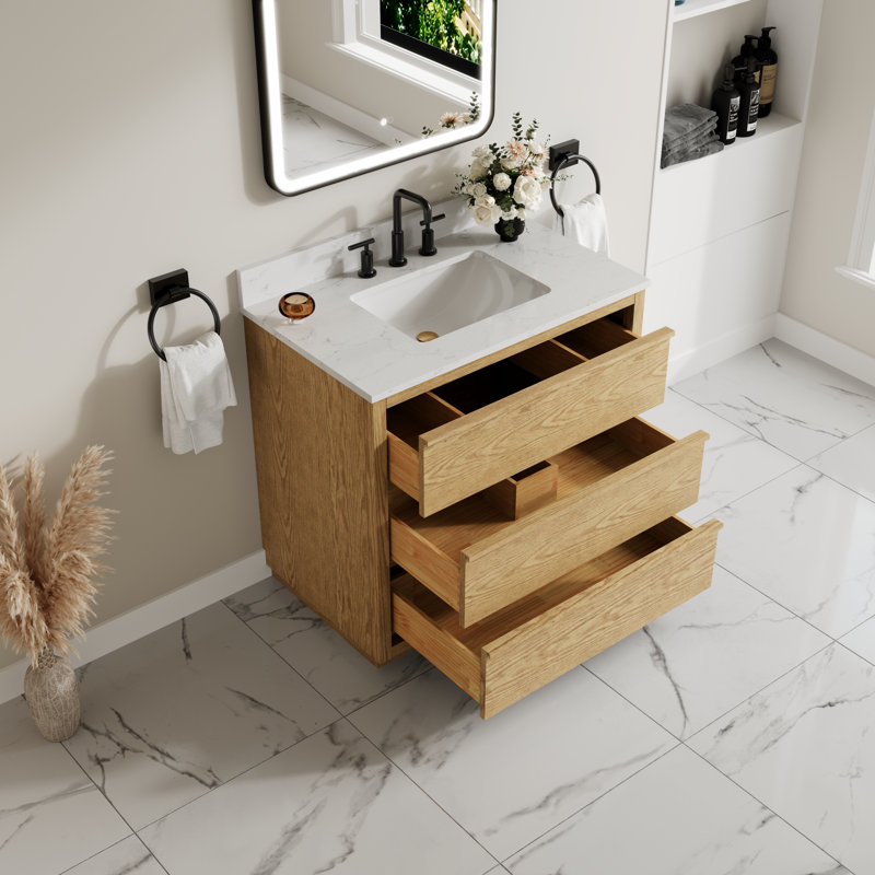 Meuble-lavabo sur pied l 36 po x H 35 po avec structure en bois de chêne, comptoir en quartz blanc Carrera, lavabo simple, entièrement assemblé
