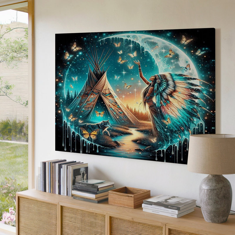 Reproduction d'art sur toile Native American Woman Wolf Teepee Night Moon, 20 x 20 in