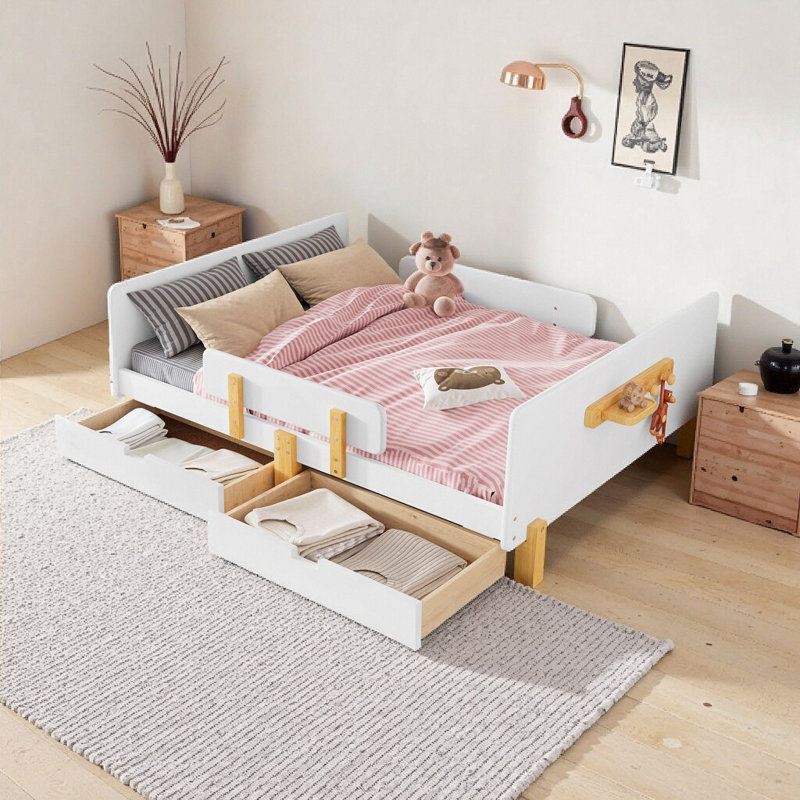 Lit plateforme double avec tiroirs de rangement, structure en bois massif, garde-corps et tablette | Aucun sommier tapissier requis | Blanc