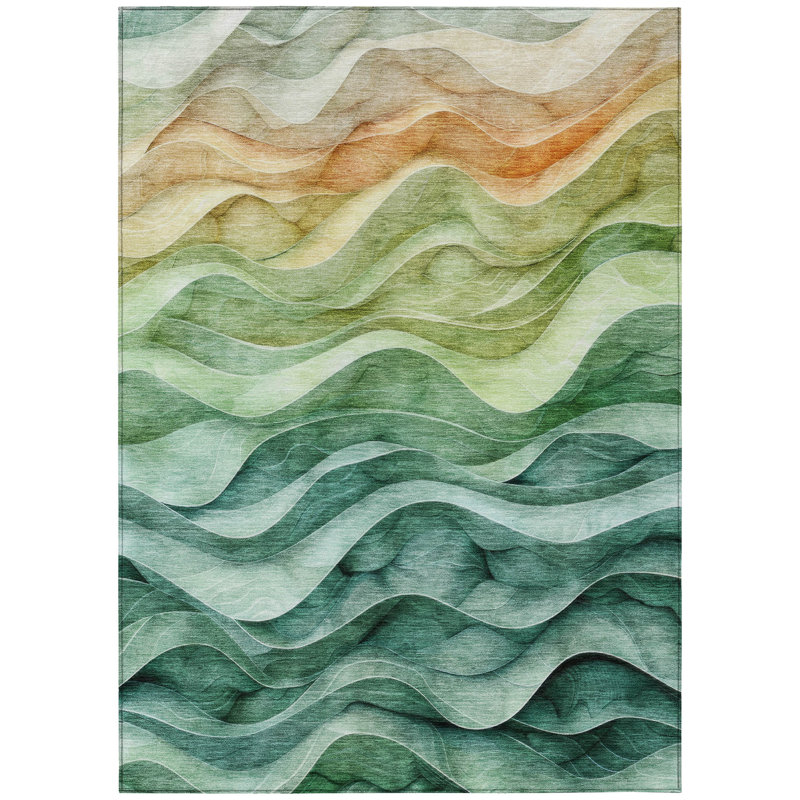 Teal and Green Wave Pattern Washable Synthetic Rug 8' x 10'