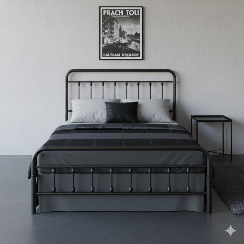 Base de lit en métal à profil bas, tête et pied de lit de style victorien, comprend un espace de rangement sous le lit, pas de sommier tapissier, taille double au fini noir.