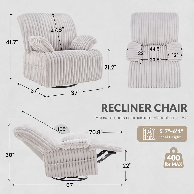 37" Wide Corduroy Manual Swiwel Recliner with Storage Pocket, Smokey Gray, Gray Corduroy