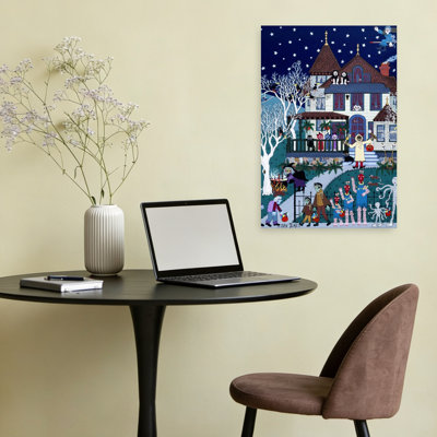 Spooky Halloween House Whimsical Abstract Contemporary Bat Cat Architecture Landscape Wall Art Print by Sev Ickes - Wrapped Canvas Print