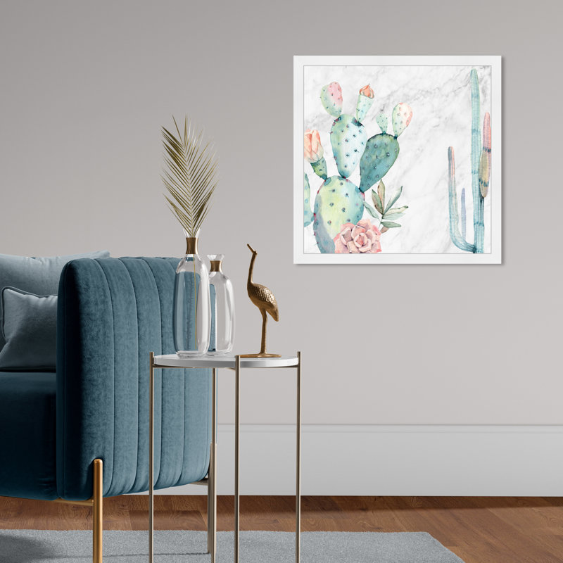 Marbre cactus et plantes grasses vertes botaniques - cadre photo, H 22 po x l 22 po, Papier avec cadre blanc
