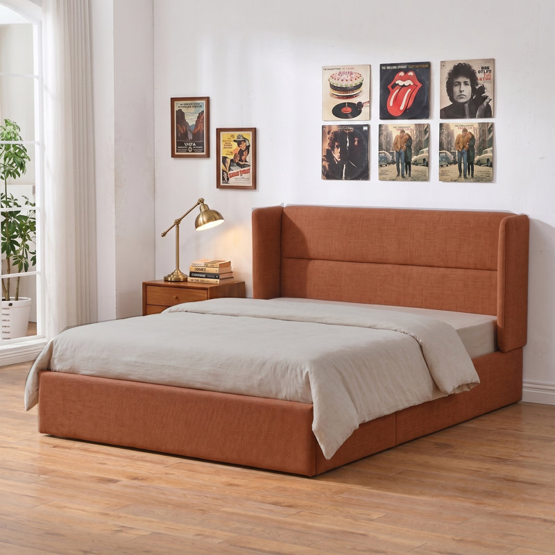 Lit plateforme tapissier avec rangement Gaillarde, Grand, Caramel