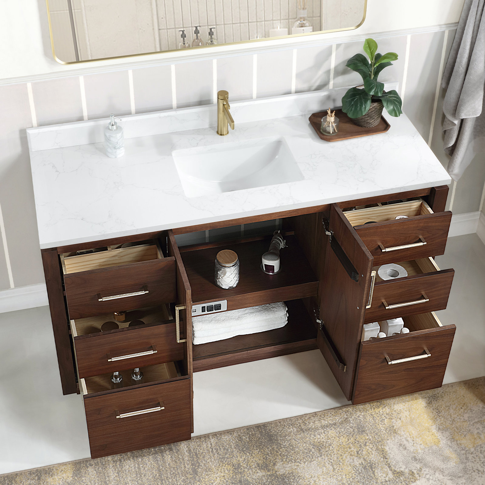 Cloverfield 60'' Single Bathroom Vanity, Natural Walnut, Gold