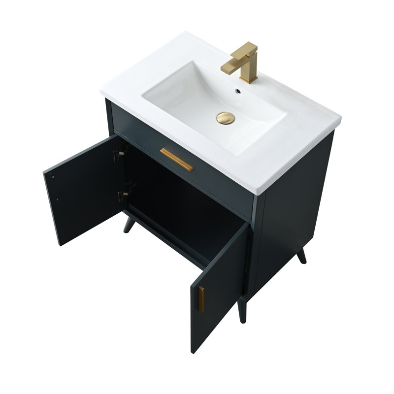 Meuble-lavabo simple 30 po avec plateau en céramique Lalena, Bleu rétro / bronze brossé