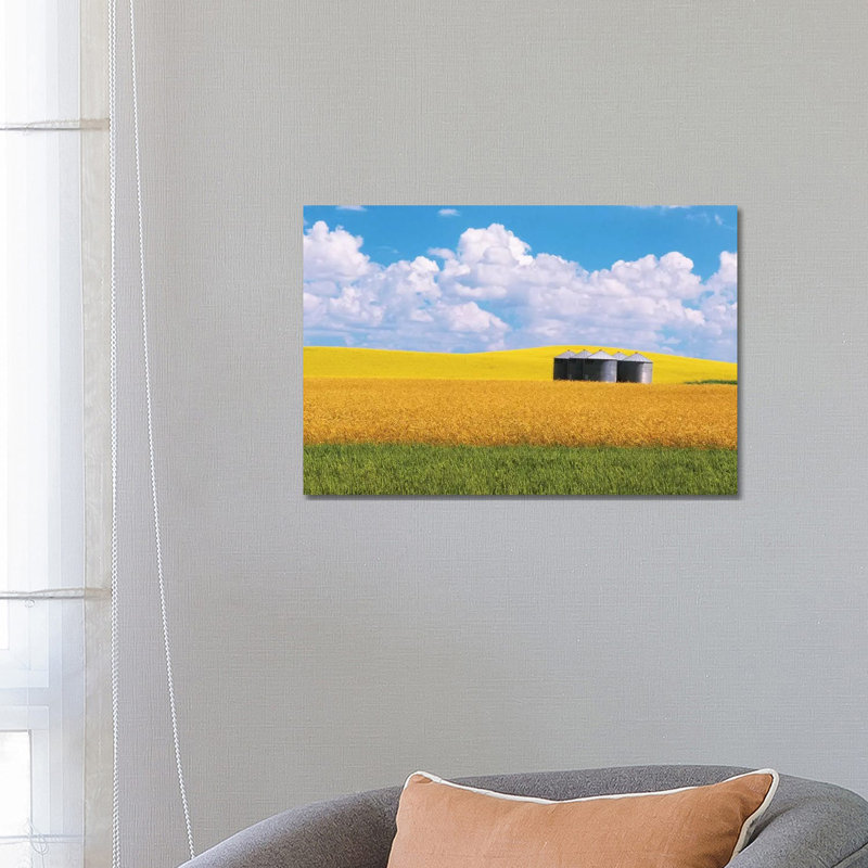 Canada, Manitoba, Bruxelles Grain Bins Amid Wheat and Canola Crops 1 Piece Wrapped Canvas Wall Art