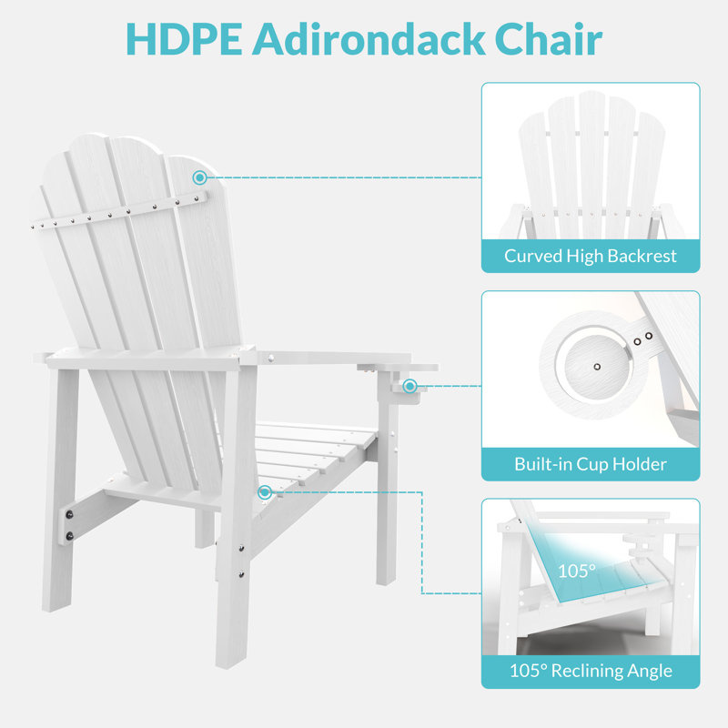 Dareona Pakkdiarie Set of 8 HDPE Stackable Adirondack Chairs with Cup Holders, All-Weather Outdoor Patio Chairs, White, 8