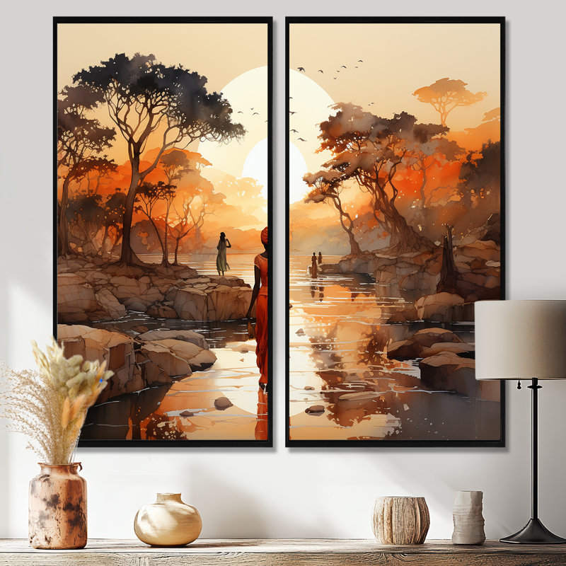 Voyage africain - art mural africain, H 40 po x l 40 po, Noir, Reproduction avec cadre flottant