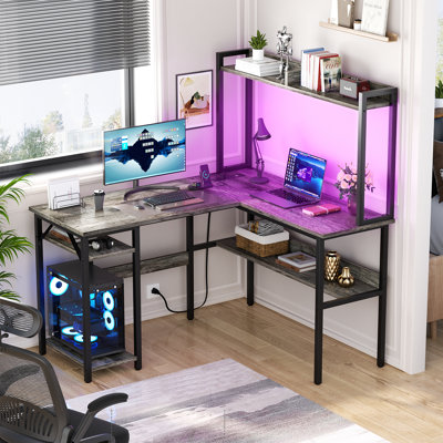 Chilmark L Shaped Desk with Hutch, LED Lights, Reversible Corner Desk with Power Outlet