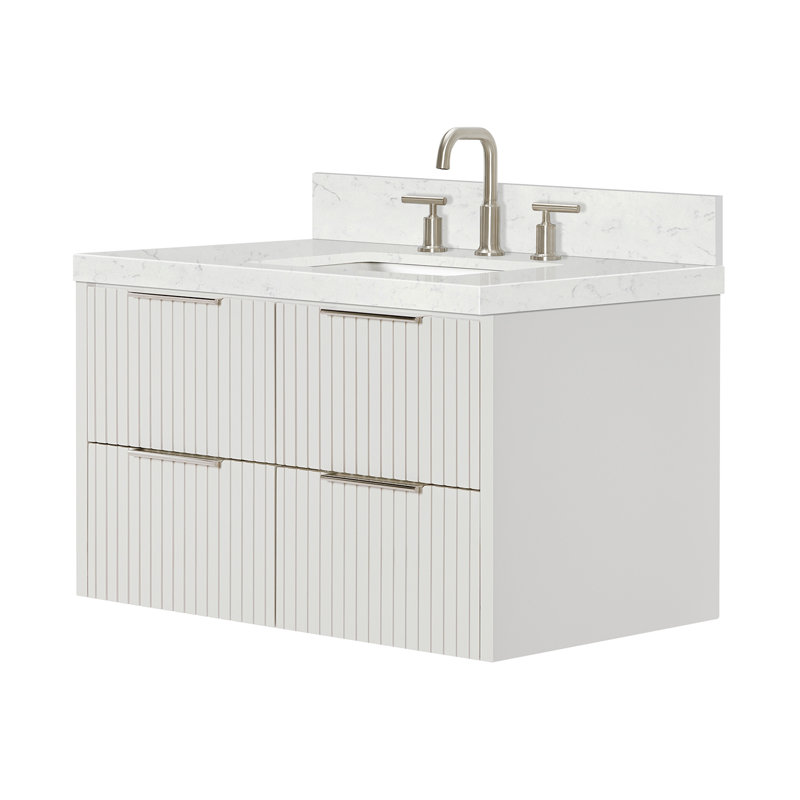 Meuble-lavabo mural simple 36 po avec comptoir à quartz blanc Carrara de 1,5 po Mulloy, Rectangulaire, Blanc chaud