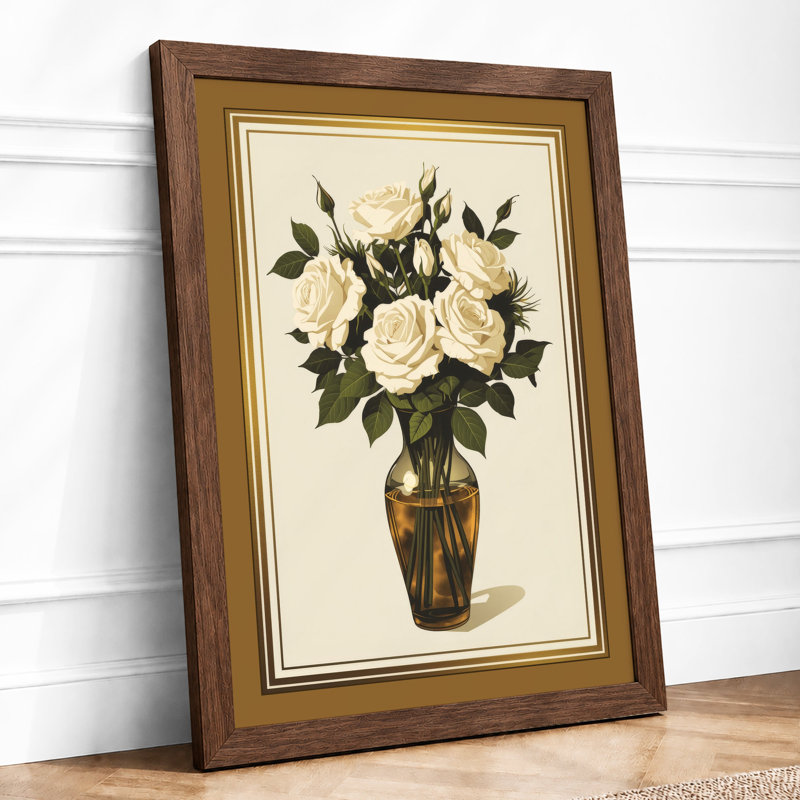 Cream Roses In Vase Botanical - Print, Walnut, A4 - 29.7 x 21.0 cm