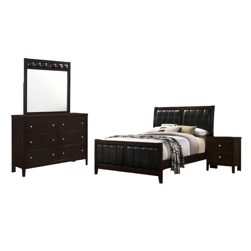 Ensemble de chambre à coucher double 4 pièces Vida, revêtement en similicuir brun, commode, Noir / brun cappuccino / nickel