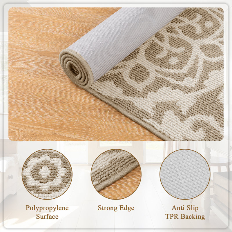 Round Medallion Stain-Resistant Beige Area Rug, Round 5'