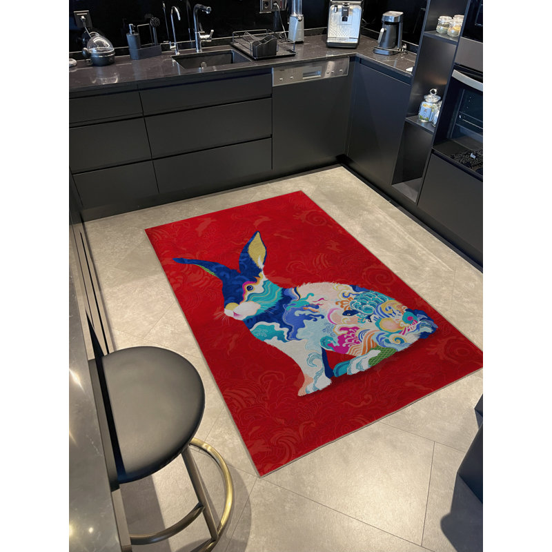 Tapis décoratif moderne rouge à motif de lapin multicolore rouge, Rectangle 3 pi 9,81 po x 6 pi 6,74 po