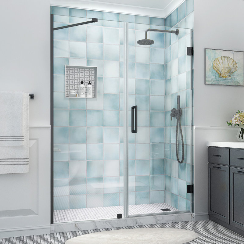 Belmore XL 66.25 - 67.25 in. W x 80 in. H Frameless Hinged Shower Door with StarCast Glass, Matte Black, Clear Glass