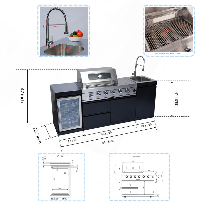 Îlot de barbecue 85 pouces à 4 brûleurs de 72 000 BTU avec refroidisseur à vin, rôtissoire et armoires de rangement
