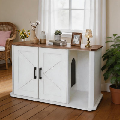 Enceinte de litière moderne en bois pour chat, armoire de toilette cachée avec portes doubles et entrée latérale, grande table de bout pour chat, meubles robustes faciles à nettoyer