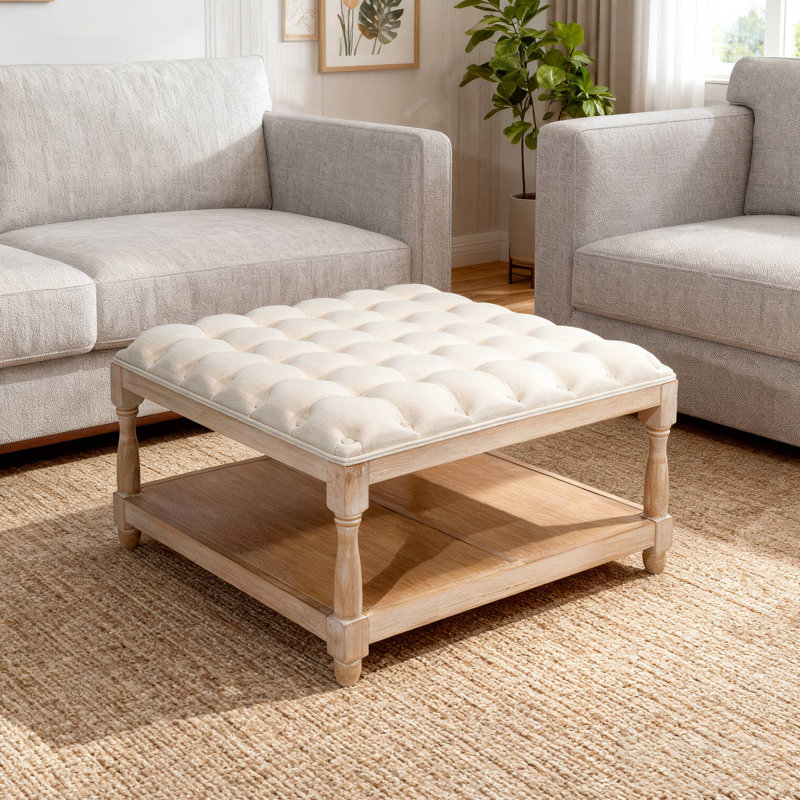 Grandes tables basses carrées avec repose-pieds pour salon, repose-pieds capitonné en lin avec tablette de rangement et pieds solides pour bureau