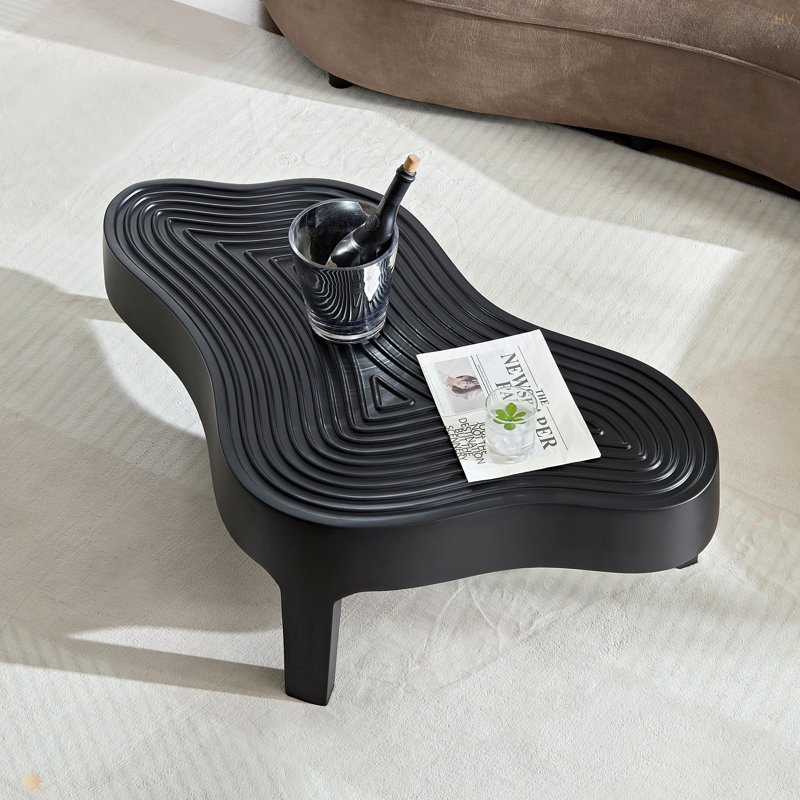 Table basse en fibre de verre 47,24 po pour salon, table à relief noir mat devant le canapé, table centrale irrégulière pour appartement