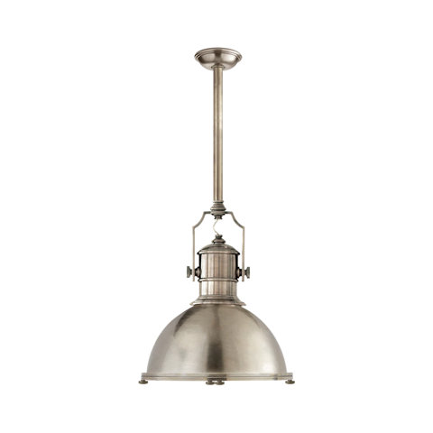 Brushed nickel industrial pendant light with a domed shade and downrod mount.