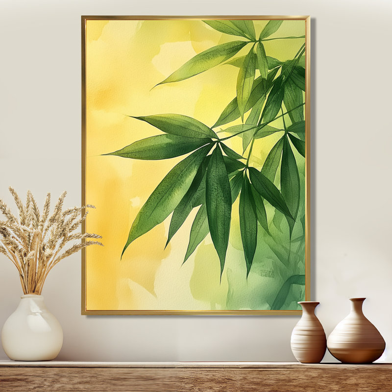Cohe vert jaune feuilles de bambou en Afrique II - feuilles, art mural, H 32 po x l 24 po, Reproduction avec cadre flottant