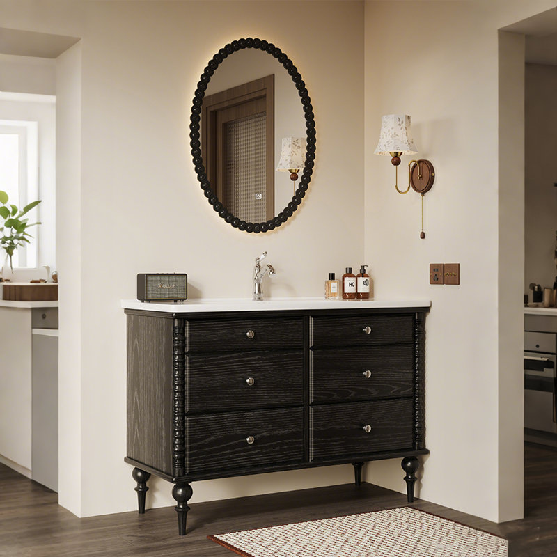Meuble-lavabo sur pied 43,31 po en bois massif chêne rouge avec miroir intelligent, 43"