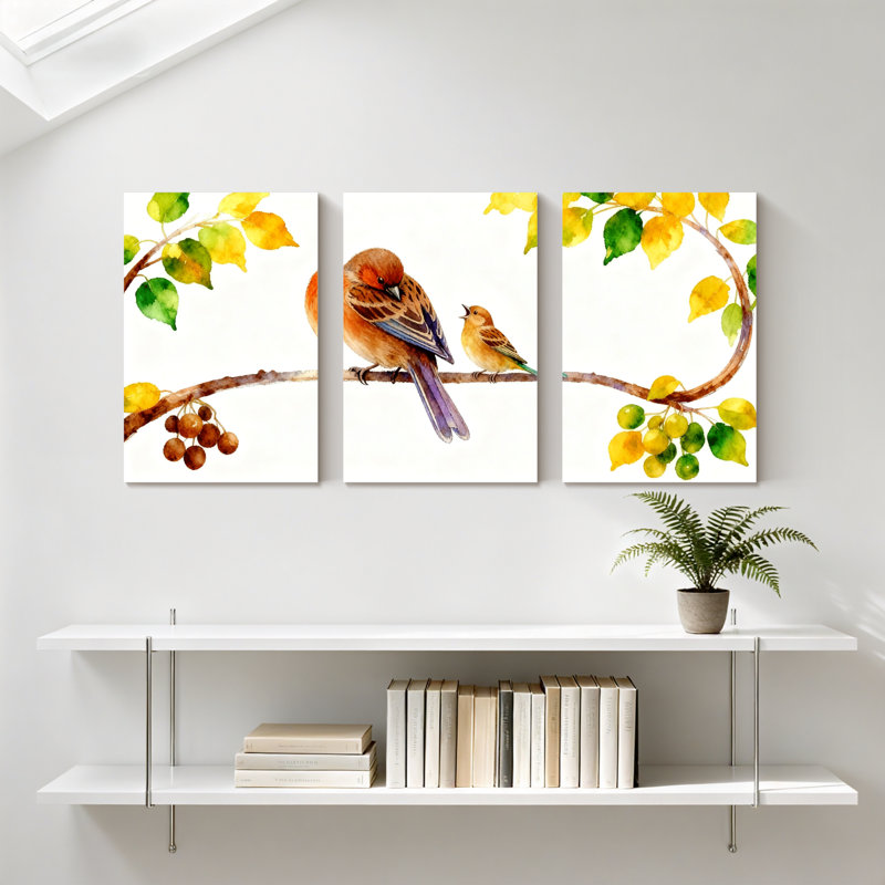 Oiseaux perchés sur une branche avec des feuilles et des baies, ensemble de 3 impressions sur toile, H 36 po x l 72 po