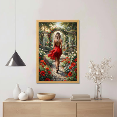 «Red Dress Woman In Garden», ensemble de 1 reproduction d'art sur toile tendue sur toile