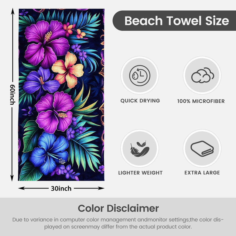  Serviette de plage en microfibre légère, absorbante sans décoloration, 30 po x 60 po, hibiscus tropical, Tropical Hibiscus