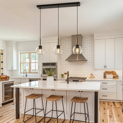 3-Light Black Linear Island Pendant Hanging Light, Kitchen Lighting With Glass Shades