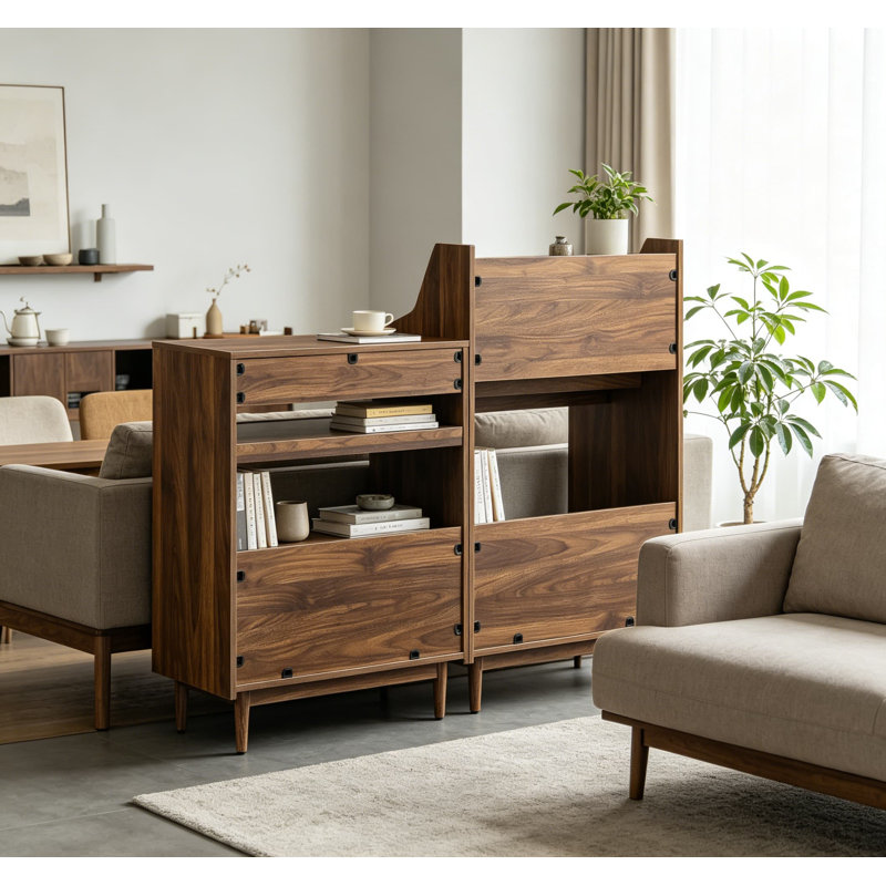 Support pour tourne-disque et unité de rangement en vinyle 2 pièces Liam Mid Century Modern, finition noyer, peut contenir jusqu'à 410 disques vinyles, s'adapte à la plupart des platines et des composants audio