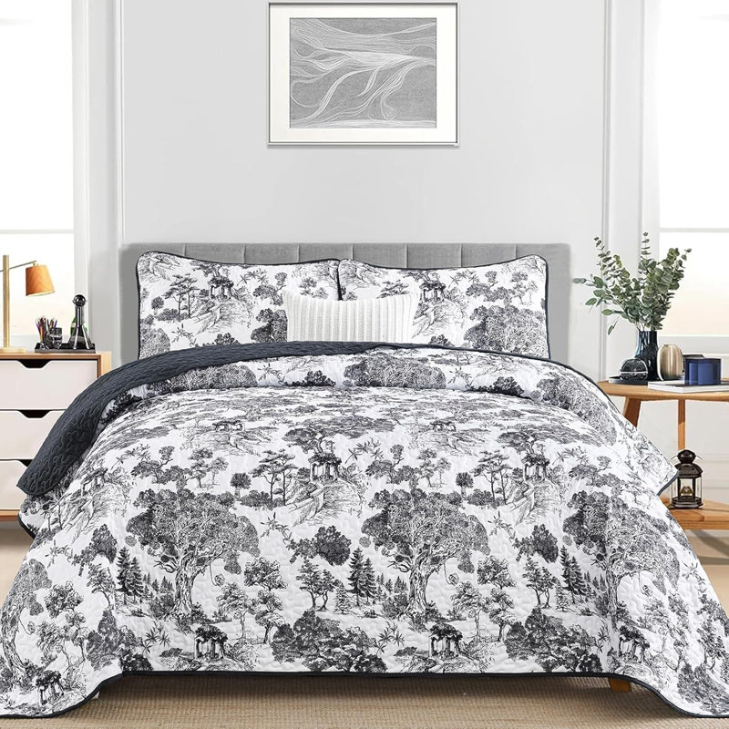 Ensemble de courtepointe à motif de plantes 3 pièces Botanical Toile, Courtepointe pour lit grand + deux taies décorati, Noir