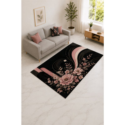 Tapis d'appoint moderne à pivoines roses et noires « ultra léger » de 152 x 213 cm (5 pi x 7 pi) pour salon, chambre et bureau à domicile, moquette douce à poils courts avec envers antidérapant en silicone