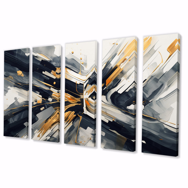 Abstractions dorées et grises I - art mural sur toile à formes abstraites - 5 panneaux égaux